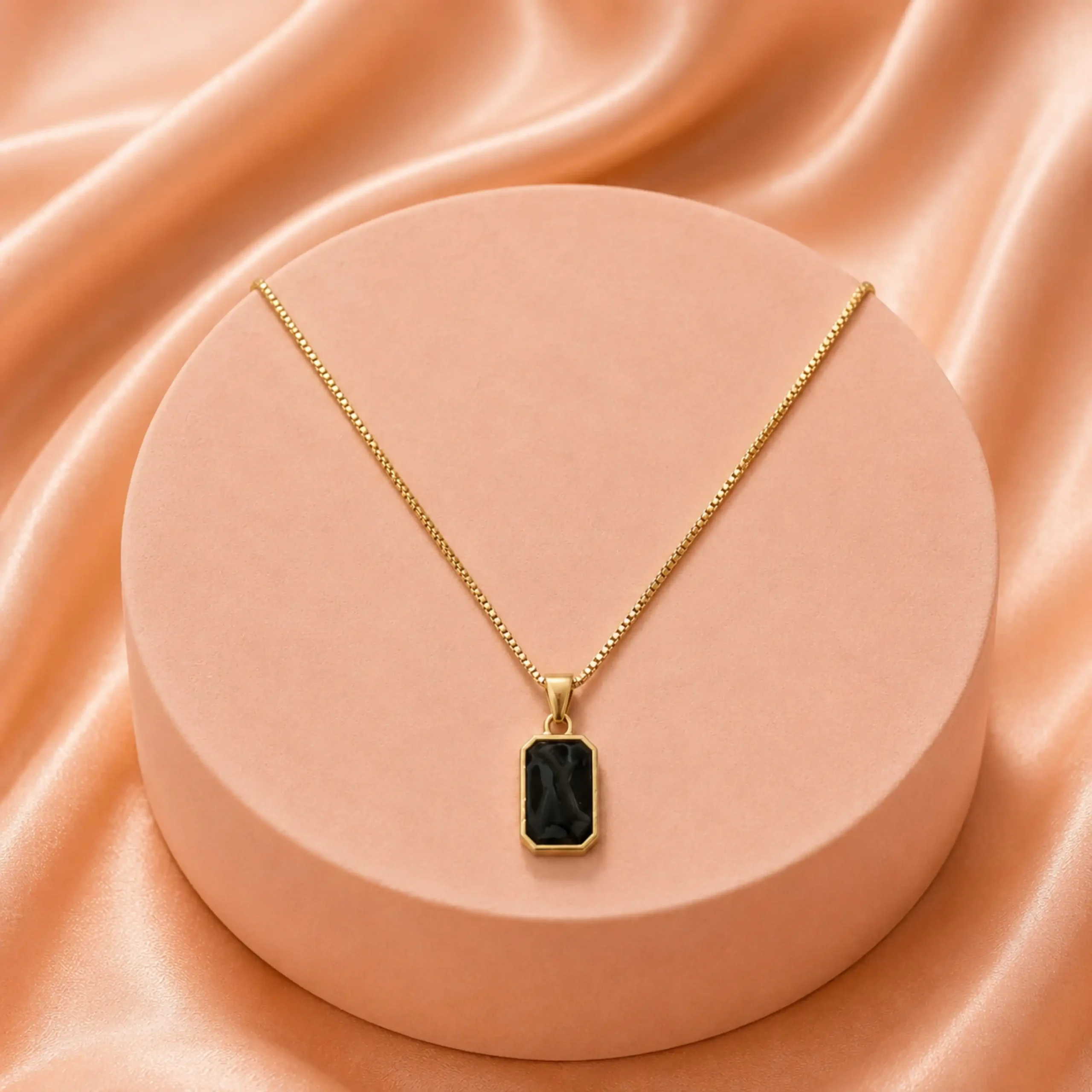 Black Onyx Style Rectangular Pendant Necklace