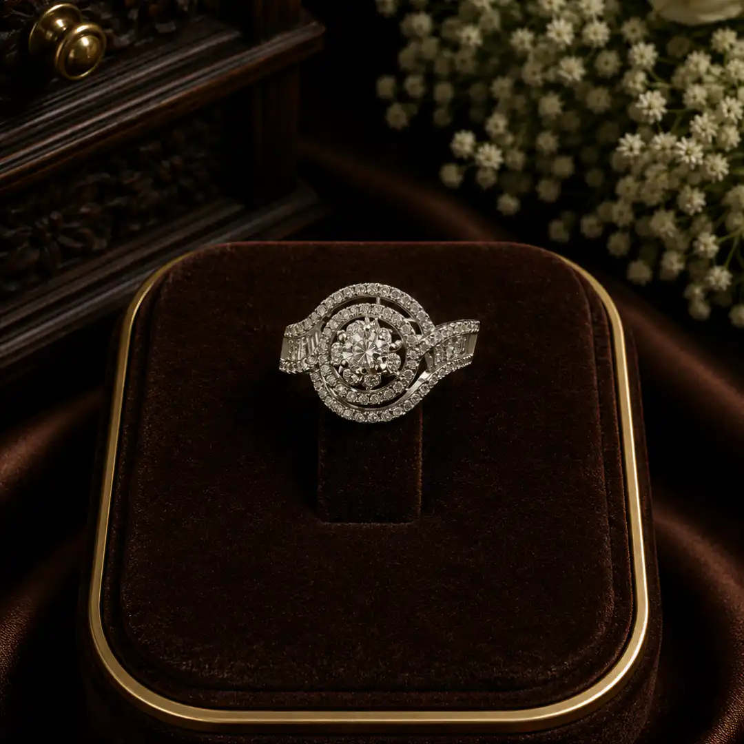 Elegant Circular Halo Solitaire Statement Ring