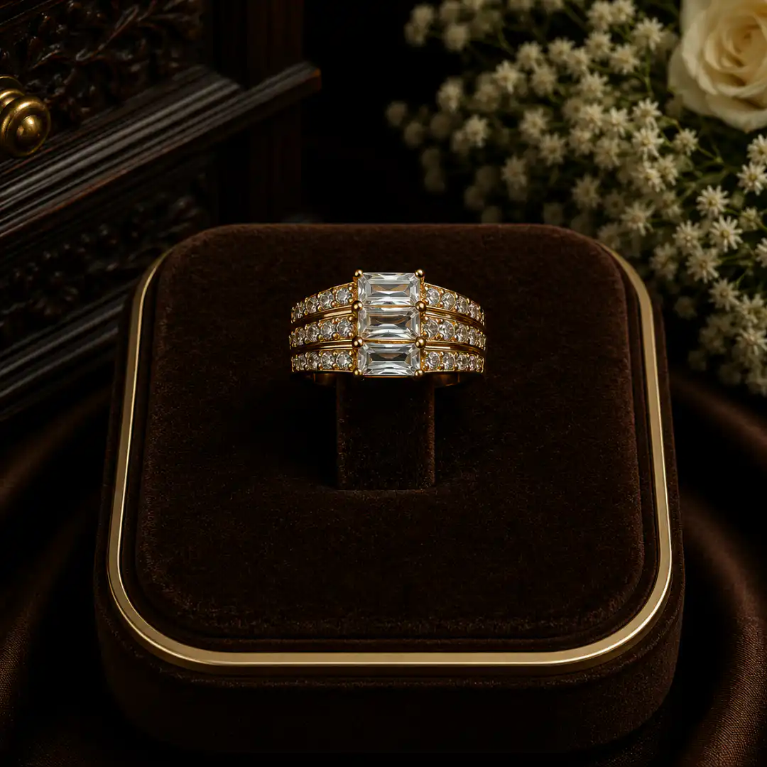 Luxury Emerald-Cut Crystal Three-Row Statement Ring
