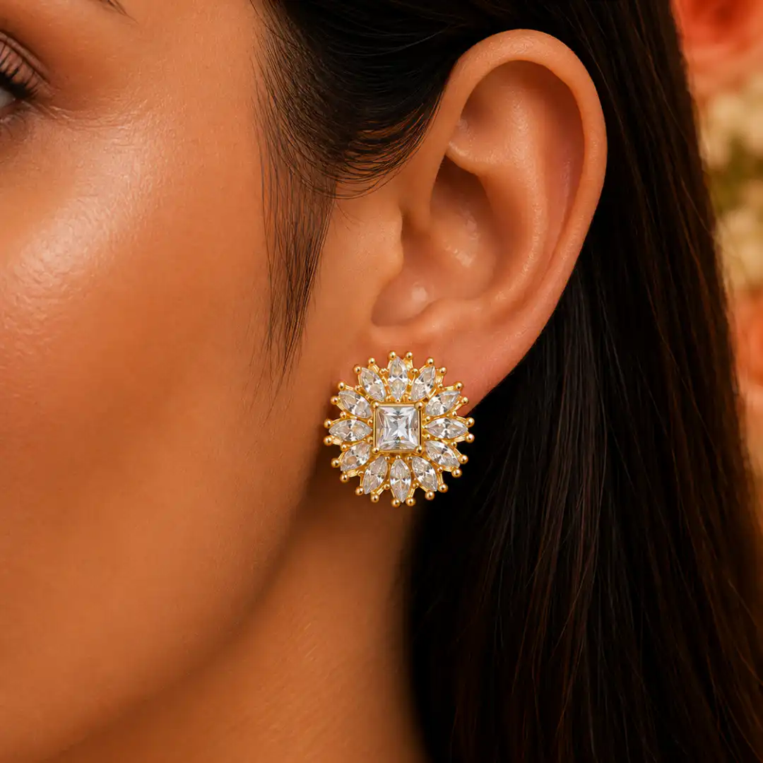 Elegant Floral Halo Crystal Stud Earrings - Image 2
