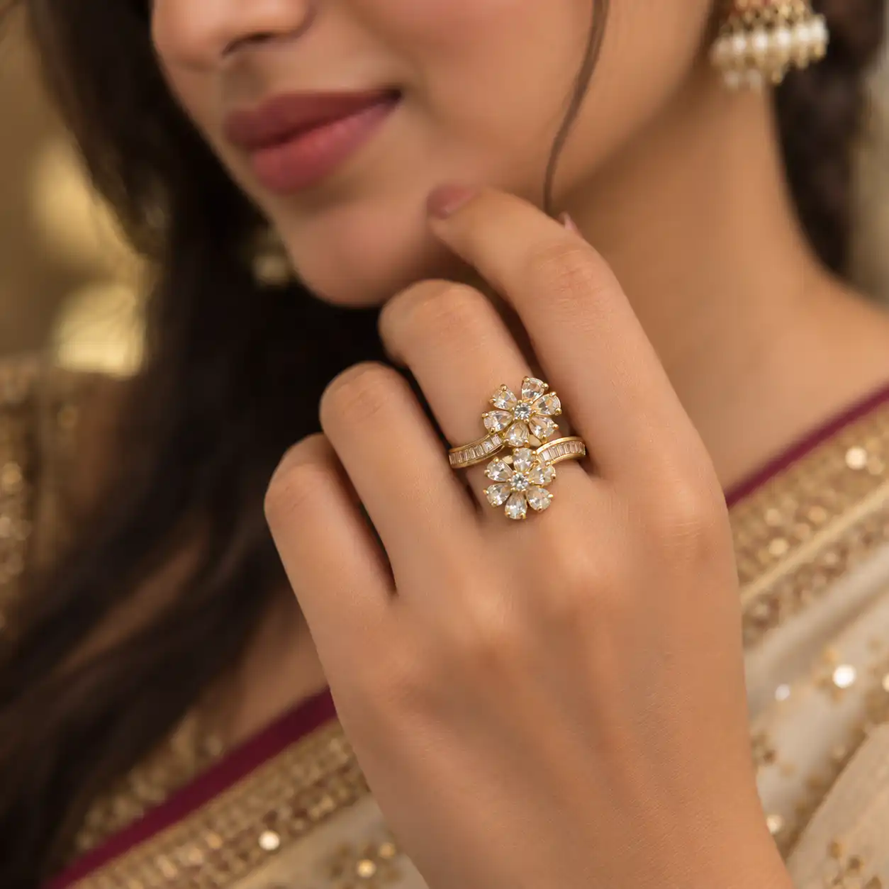 Elegant Double Floral Bloom Statement Ring - Image 2