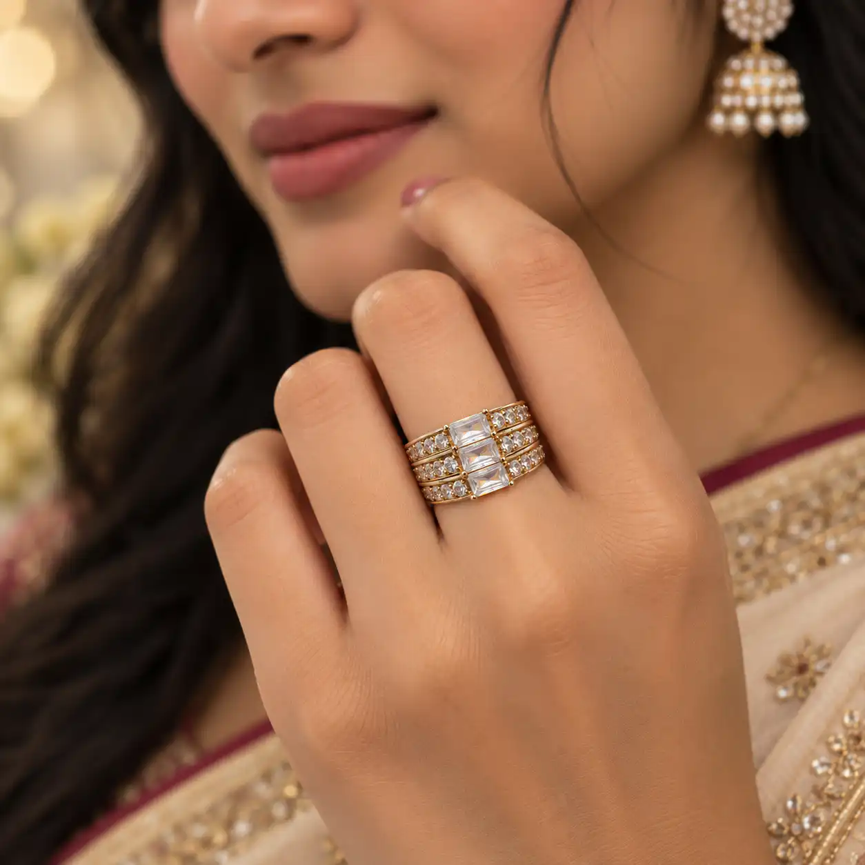 Luxury Emerald-Cut Crystal Three-Row Statement Ring - Image 2