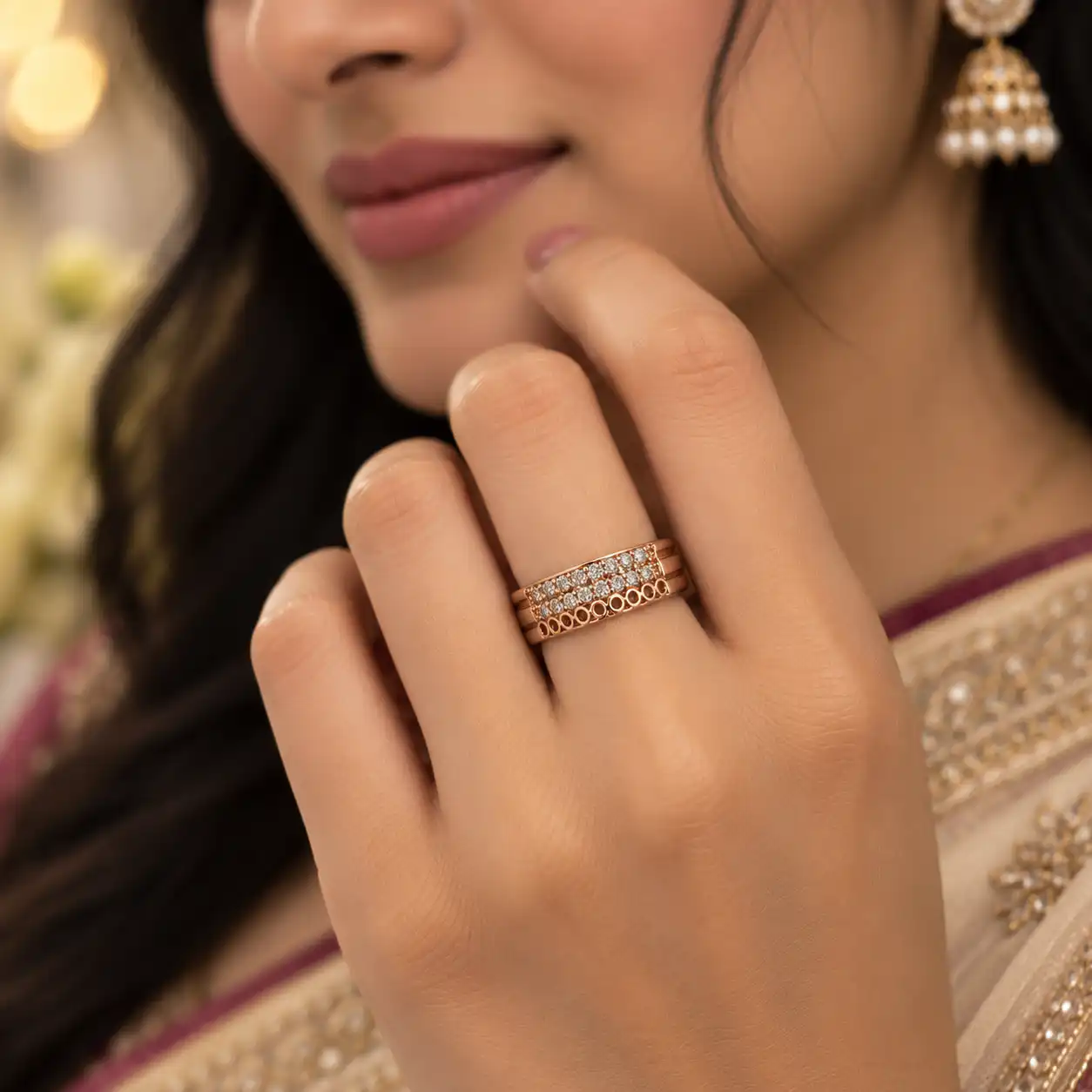 Elegant Multi-Row Diamond Detail Statement Ring - Image 2